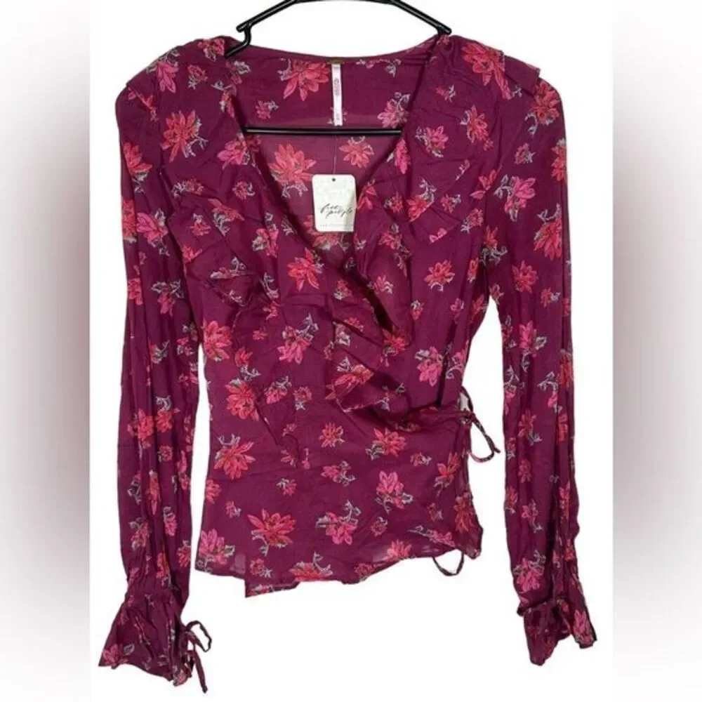 Free‎ People Women's Blouse Size XS Amanda Cotton Floral Ruffle Wrap Top NWT